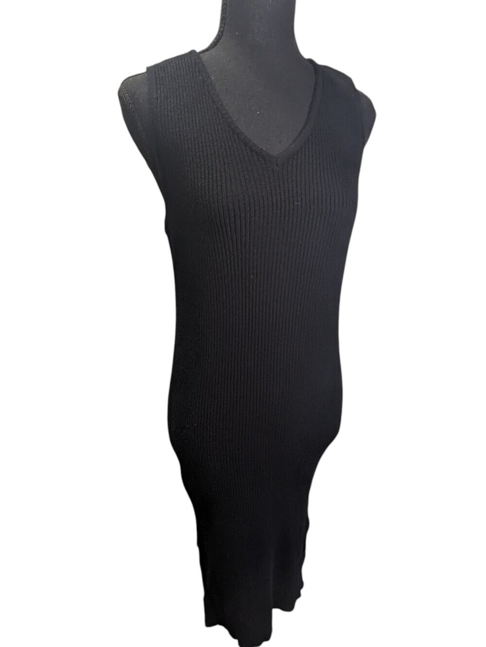 Magaschoni Womens Black Ribbed V-Neck Midi Dress Bodyvon Size XL